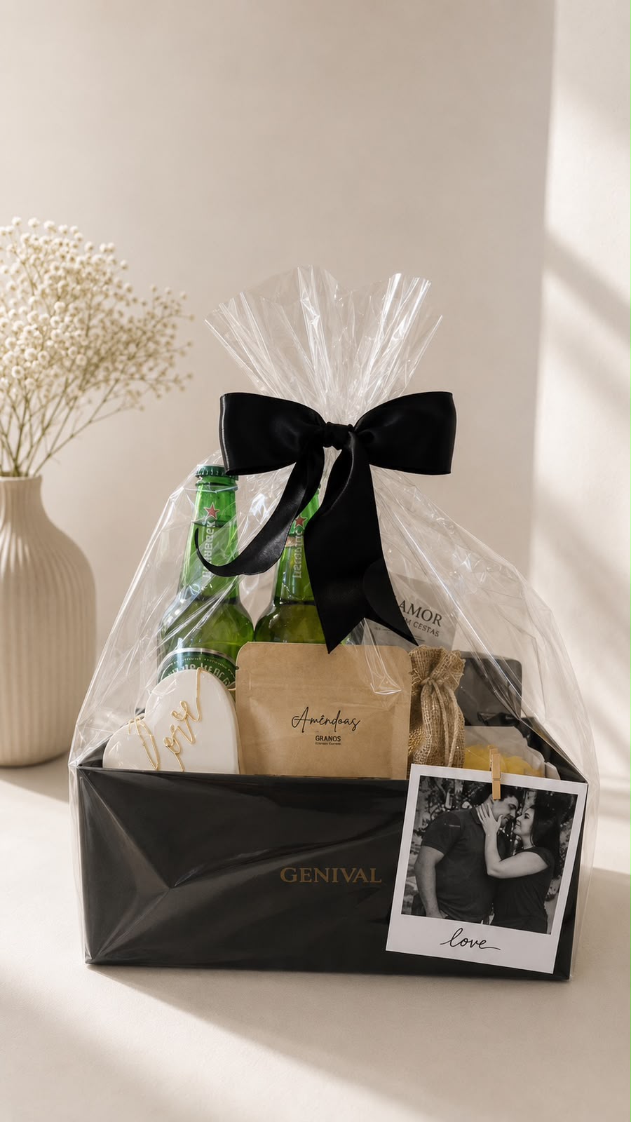 2 Cervejas de sua preferencia - Sanche com amendoins, queijo formato coração , salame, biscoito decorado, caixa cartonada preta personalizada, 1 cx de ferreiro rocher. Adicional poloroide a parte. 