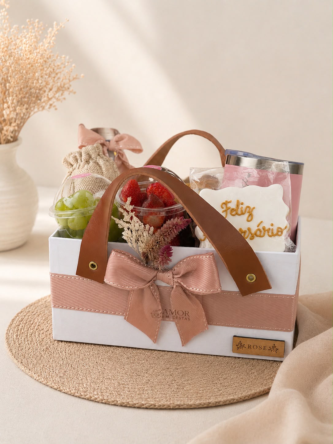 01 Caixa com alças de courino 01 Tag com o Nome da pessoa 01 Biscoito decorado 01 Pote de Morangos Torradas 01 Copo de Café 01 Porte com Uvas 01 Sachê de biscoito crocantes 01 Geleia de Morango 01 Bebida Láctea 01 Caneca personalizado 01 Massa Salgada 01 Massa doce