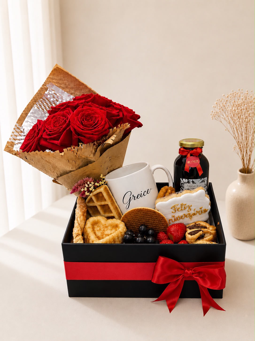 2 Sfogliatine 3 Strudet 01 Caneca personalizada 01 bolo de coração simples Morangos Uvas 01 Biscoito Holandês 01 Suco de Uva 01 Waffle 02 Treccine 