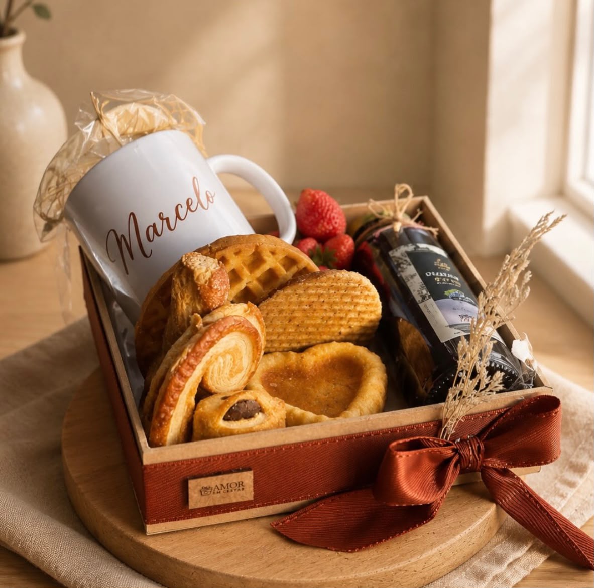 01 Biscoito Decorado 01 Xícara personali 01 Biscoito Treccine 01 Bolinho Simples formato coração  01 Suco de Uva 01 Waffle 02 Biscoito folhado Italiano 01 Strudet 01 Biscoito Holandês 01 Sachê de biscoito crocante Morangos Uvas