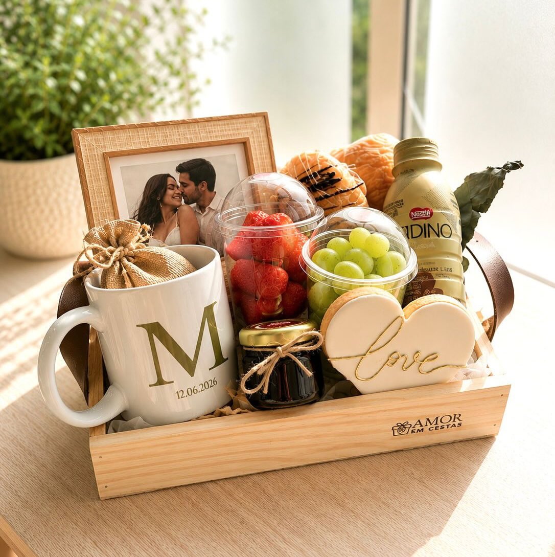 Cesta café - 1 Massa doce , 1 Massa salgada, 01 pote c/ morangos , 01 pote c/ uvas , 01 Bebida Lactea, 01 Pilha de torradas , 01 Biscoito decorado, 01 Caneca personalizada, 01 Sachê de biscoitinhos, 01 Cesta de madeira em courino, 01 porta retrato 