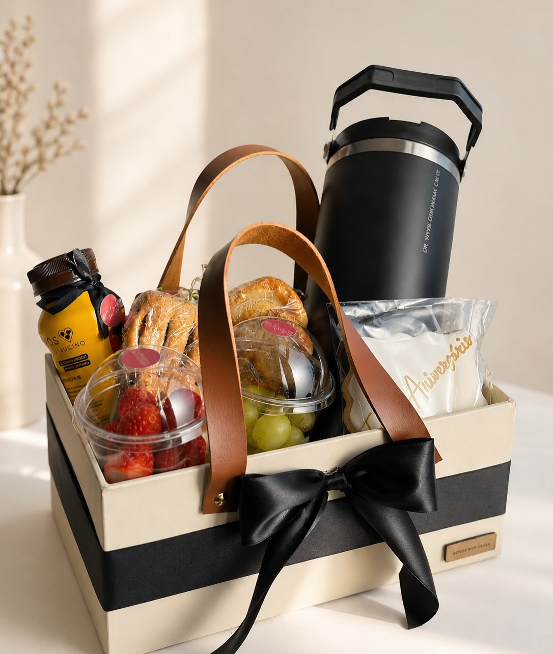 01 Caia com Alças de courino, 01 Tag com nome da pessoa, 01 Pote de Morangos, Torradas, 1 Garrafa de água personalizada, Uvas, Sache com biscoitos, Geleia de morango, Bebida Lactea ou suco de uva, 2 Masas. 